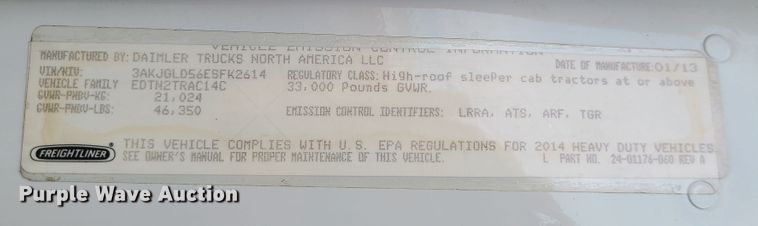 image for item DJ1677 2014 Freightliner Cascadia 125  semi truck