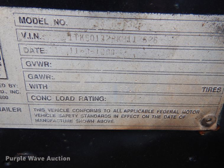 image for item DN5341 1989 Trail King TS100HG-572  lowboy equipment trailer