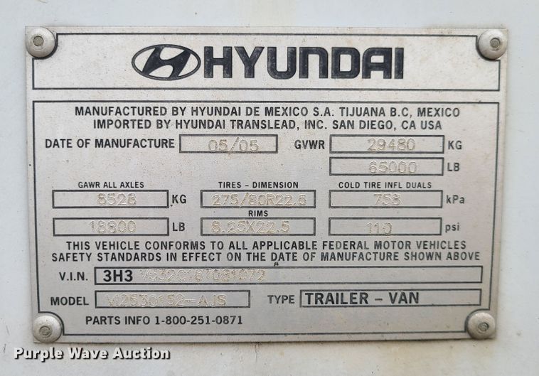 image for item GB9108 2006 Hyundai V12530152-AJS  dry van trailer