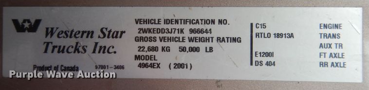 image for item HU9363 2001 Western Star 4900E  semi truck