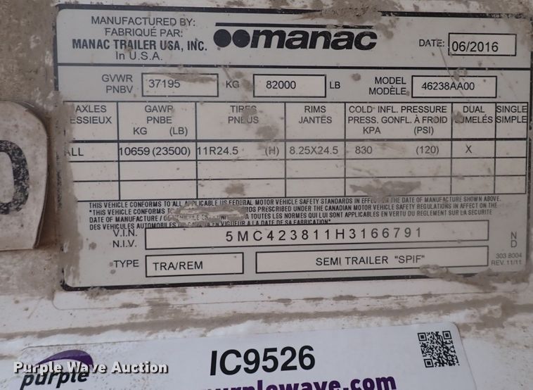 image for item IC9526 2017 Manac 46238AA00  end dump trailer