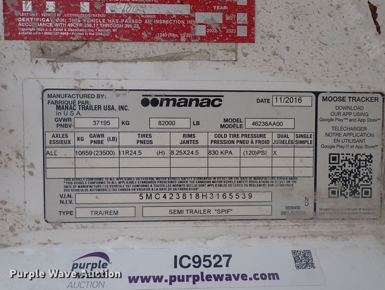 image for item IC9527 2017 Manac 46238AA00  end dump trailer