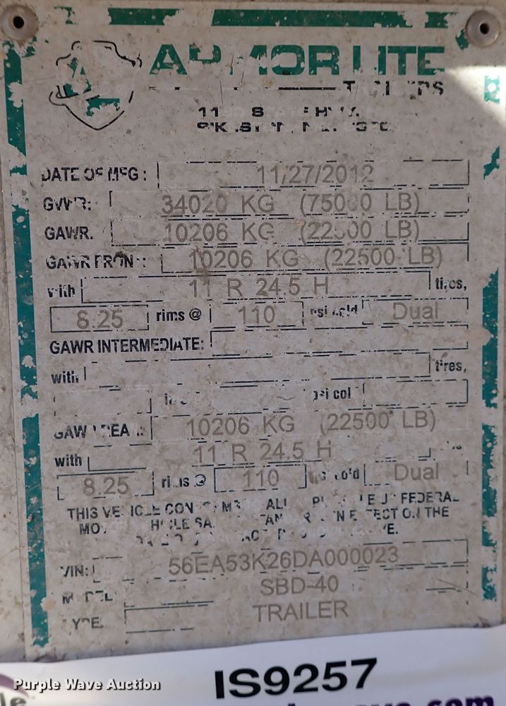 image for item IS9257 2013 Armor Lite SBD-40  bottom dump trailer