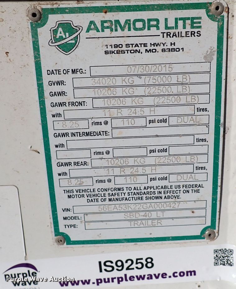 image for item IS9258 2016 Armor Lite SBD-40LT  bottom dump trailer