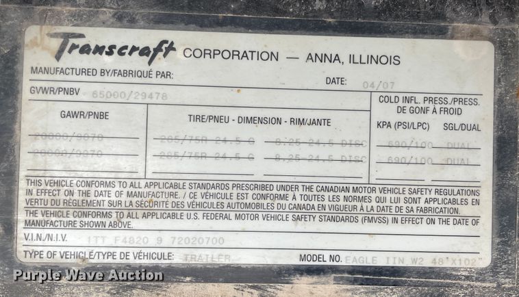 image for item IX9667 2007 Transcraft Eagle  flatbed trailer