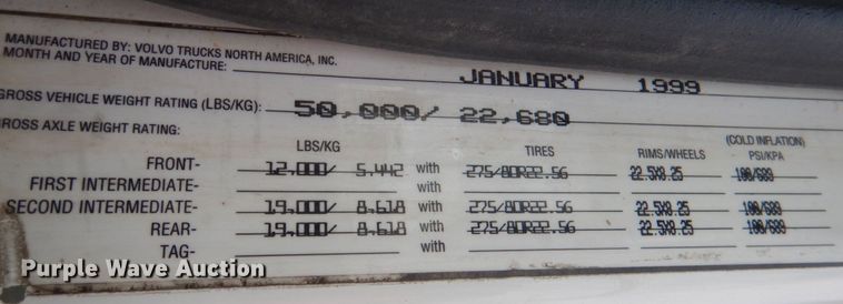 image for item JD9497 1999 Volvo VN  semi truck