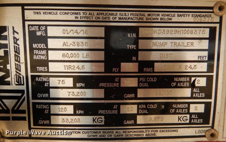 image for item JD9523 2016 Kalyn Siebert AL-3835  end dump trailer