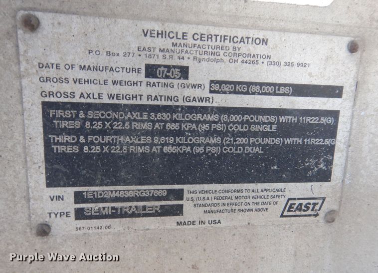 image for item KO9787 2006 East  end dump trailer