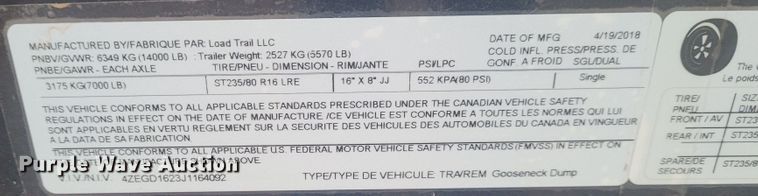 image for item BY9480 2018 Load Trail  dump trailer