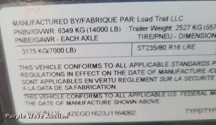 image for item BY9480 2018 Load Trail  dump trailer