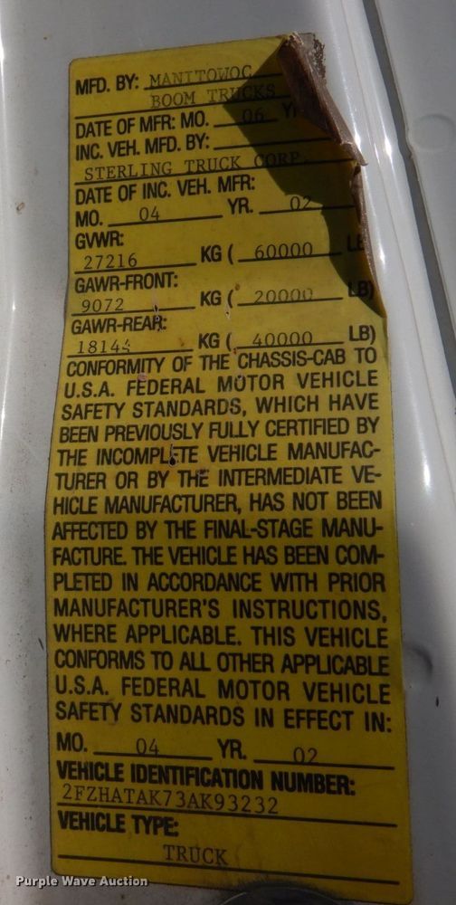 image for item DH8104 2003 Sterling LT7500  crane truck