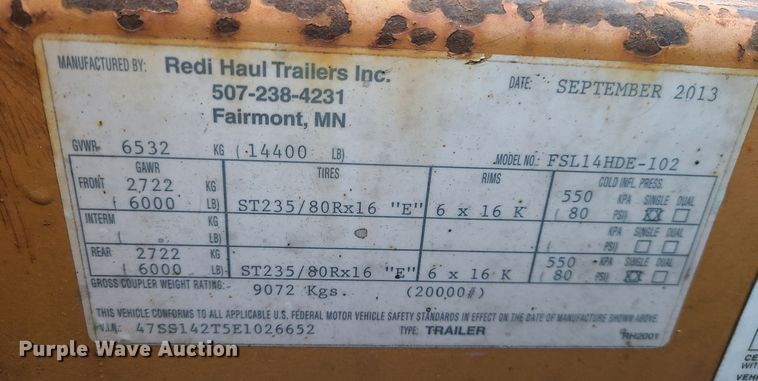 image for item DJ1522 2014 Redi Haul FSL14HD  equipment trailer