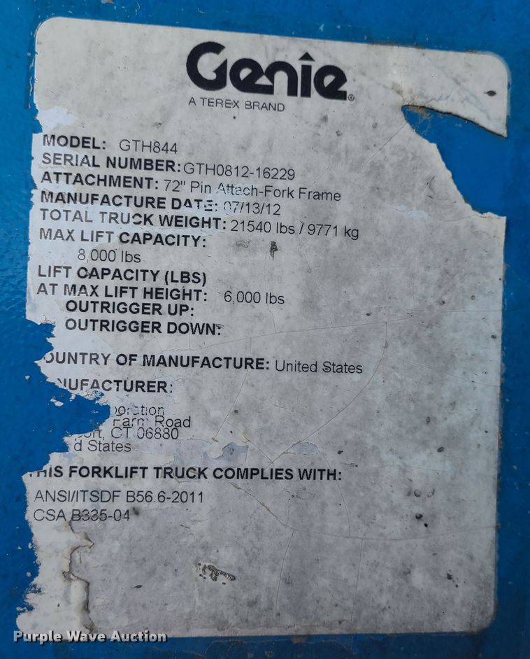 image for item DJ1548 2012 Genie GTH-844  telehandler