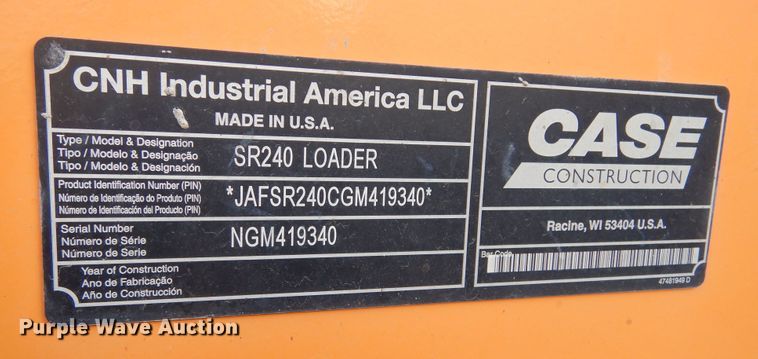 image for item DK3401 2016 Case SR240  skid steer loader