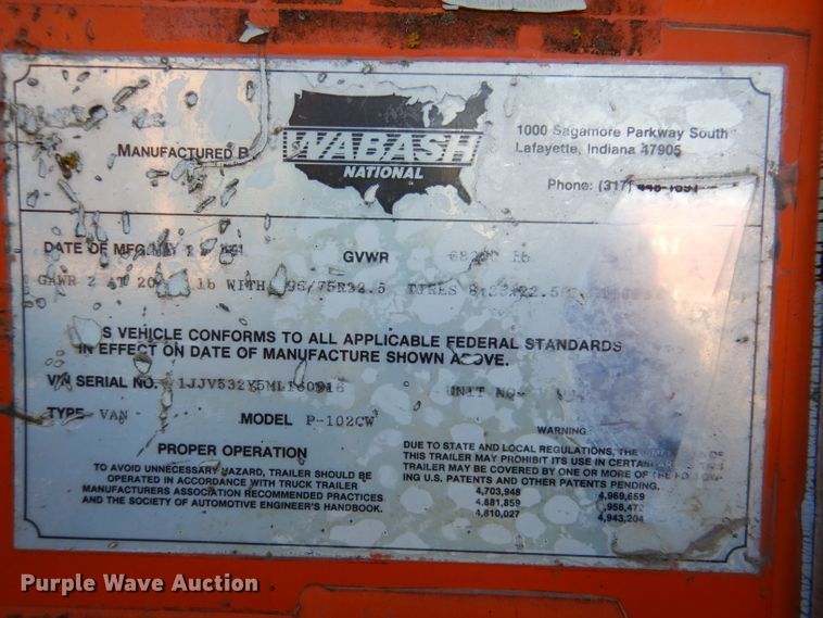 image for item DL5881 1991 Wabash P-102CW  dry van trailer