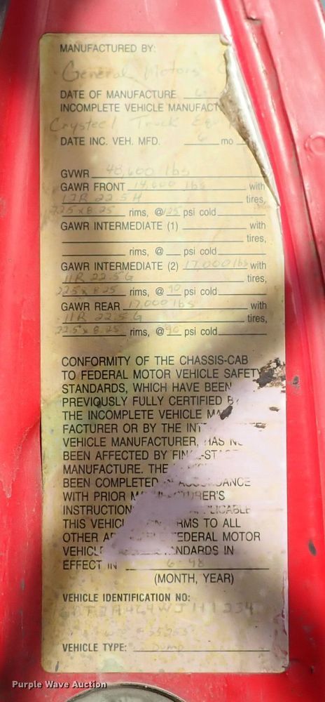 image for item DN2412 1998 Chevrolet C7500  dump truck