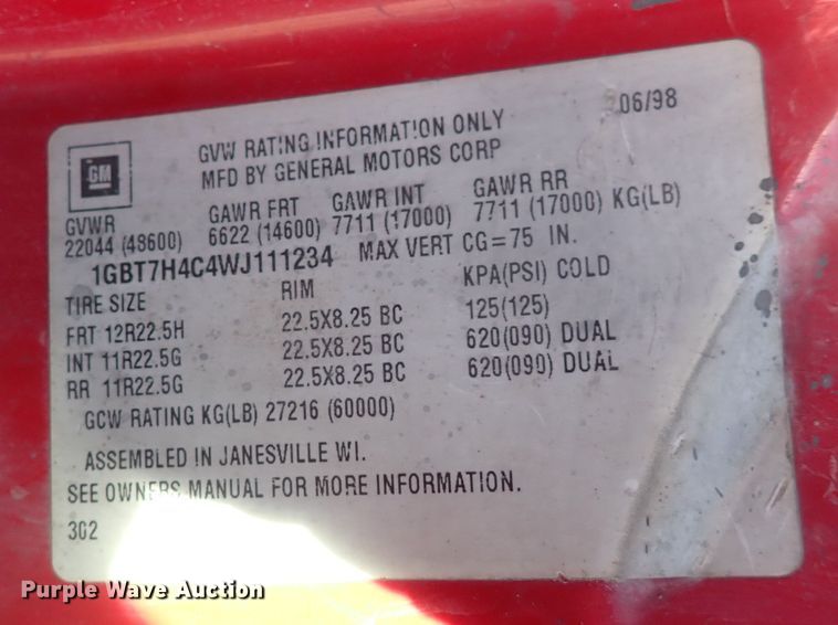 image for item DN2412 1998 Chevrolet C7500  dump truck