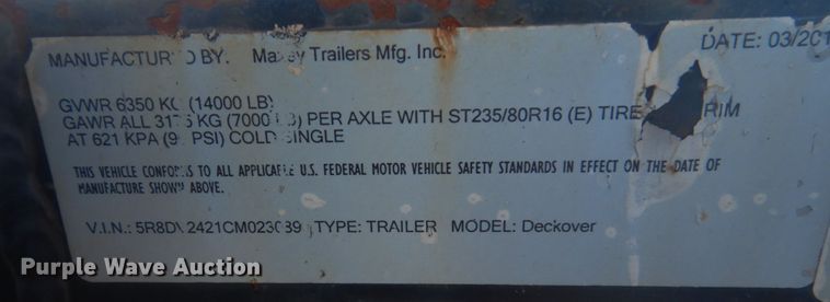 image for item IU9777 2012 Maxey  equipment trailer