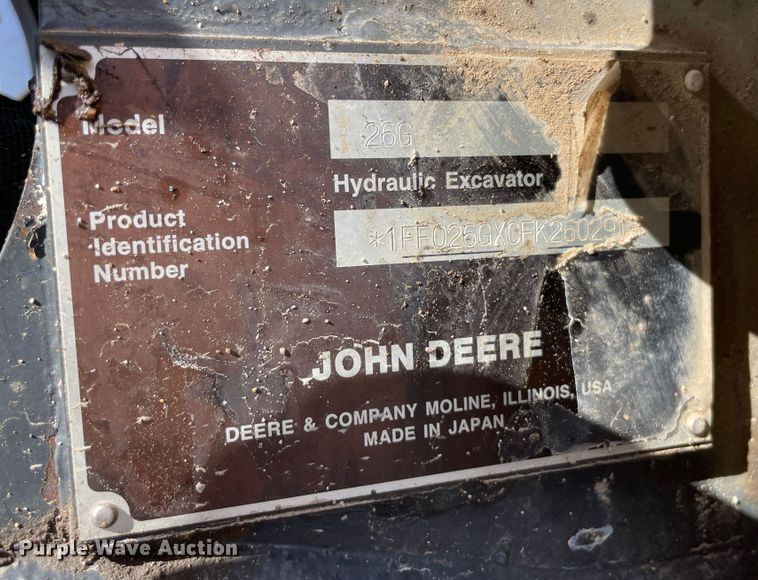 image for item IX9689 2015 John Deere 26G  mini excavator