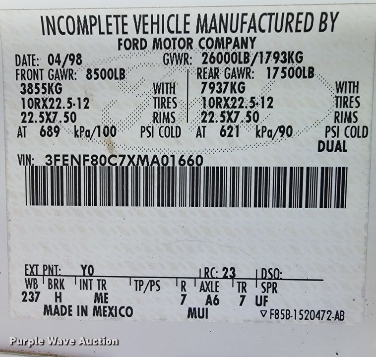 image for item JE9309 1999 Ford F800  dump truck