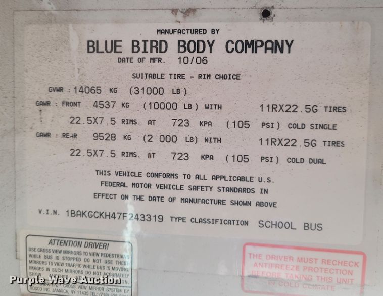 image for item BY9475 2007 Blue Bird Vision  school bus