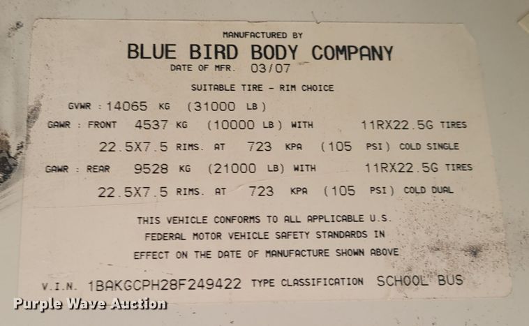 image for item BY9476 2008 Blue Bird Vision  school bus