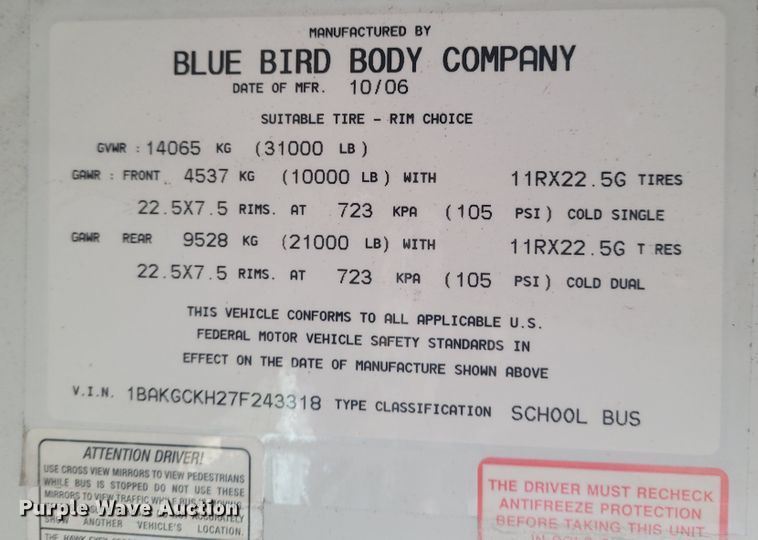 image for item BY9477 2007 Blue Bird Vision  school bus