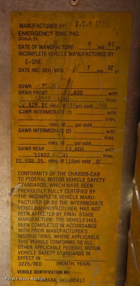 image for item ID9183 1992 E-one  pumper fire truck