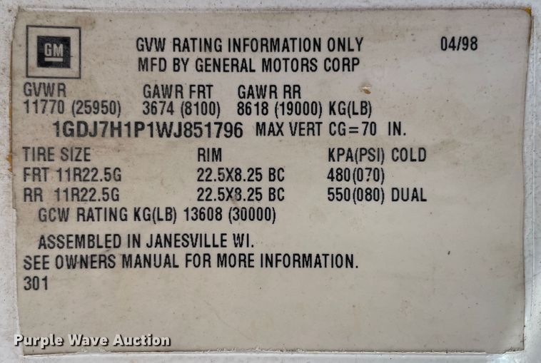 image for item IX9615 1998 GMC C7500  dump truck