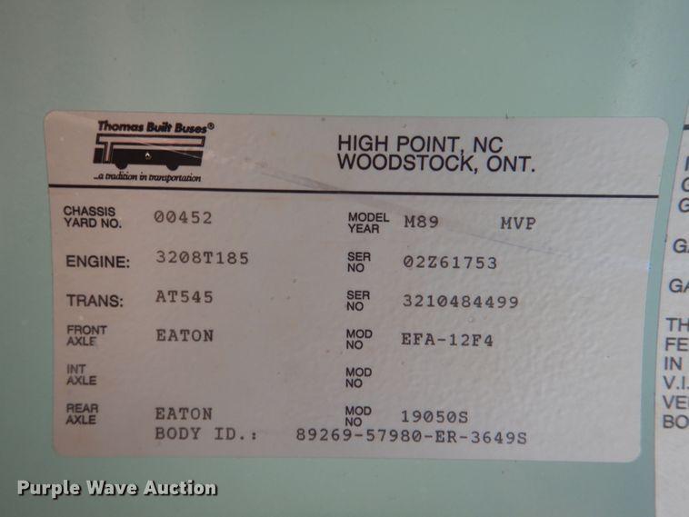 image for item JD9547 1990 Thomas Built M89 MVP  school bus