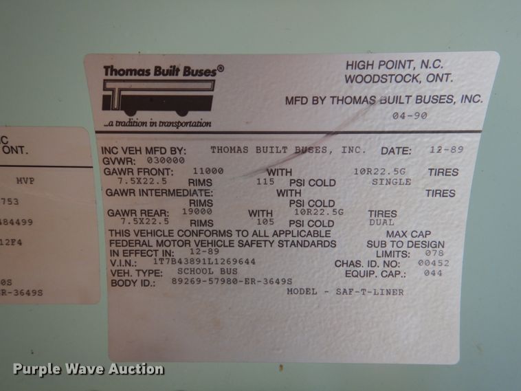 image for item JD9547 1990 Thomas Built M89 MVP  school bus