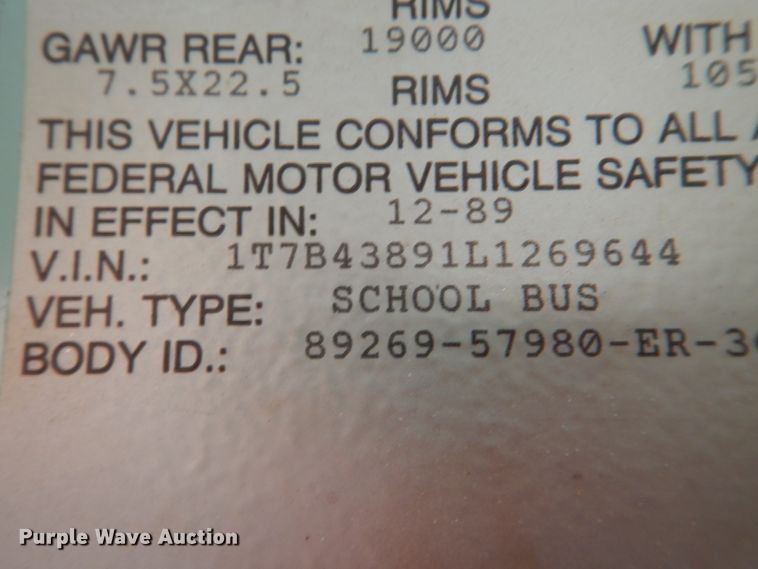 image for item JD9547 1990 Thomas Built M89 MVP  school bus