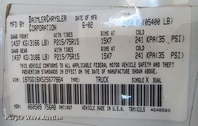 image for item JE9164 2002 Dodge Dakota  pickup truck