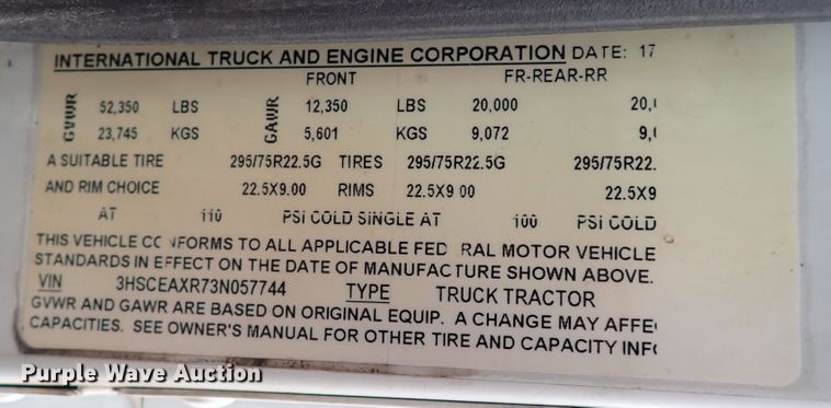 image for item IS9287 2003 International 9200i  dump truck