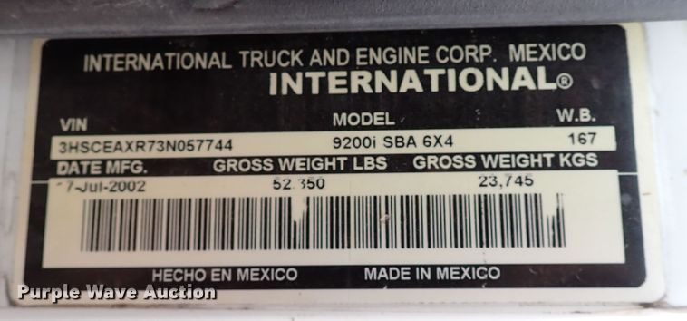 image for item IS9287 2003 International 9200i  dump truck