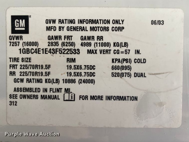 image for item JN9122 2003 Chevrolet C4500  bucket truck