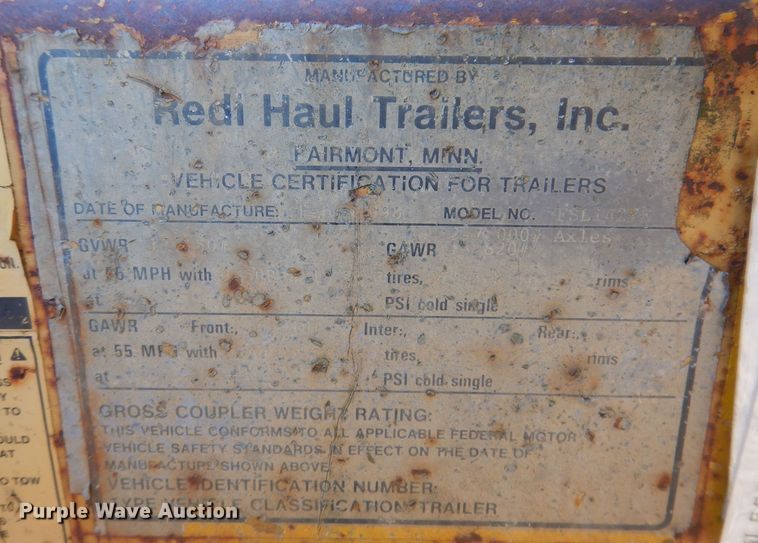 image for item KH9107 1998 Redi Haul FSL1427E  equipment trailer