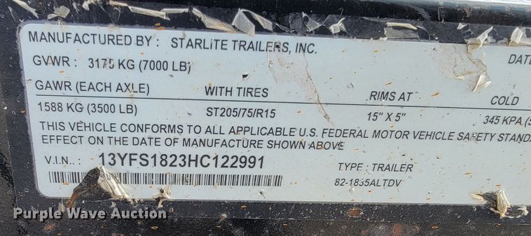 image for item KN9563 2017 Starlite  utility trailer