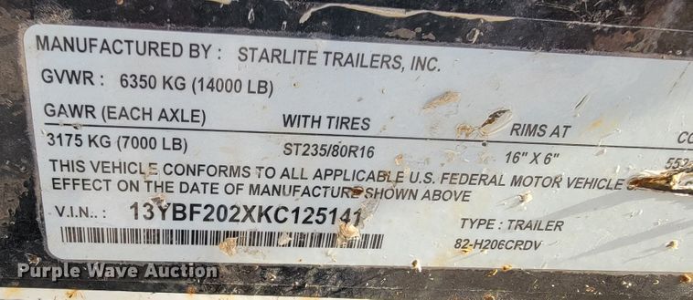 image for item KN9566 2019 Starlite  utility trailer