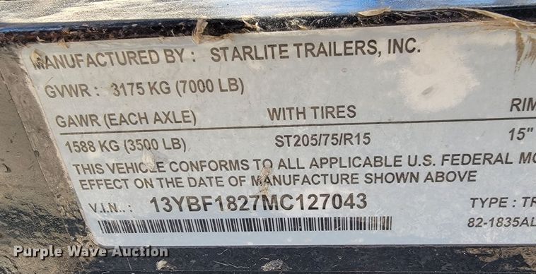 image for item KN9567 2021 Starlite  utility trailer