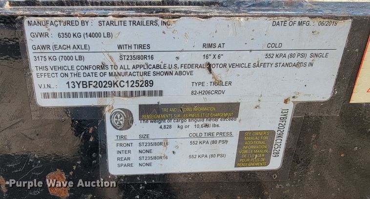 image for item KN9569 2019 Starlite  utility trailer