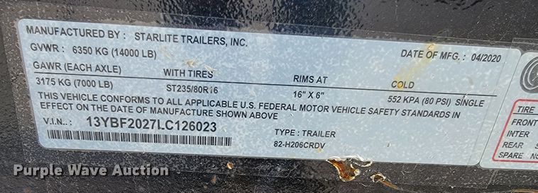 image for item KN9586 2020 Starlite  utility trailer