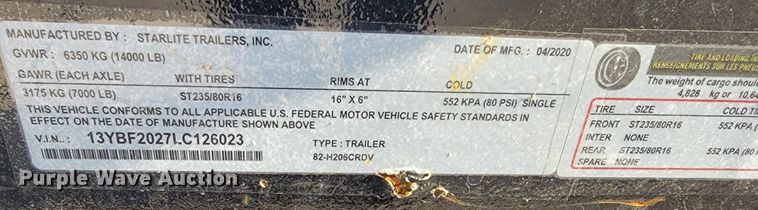 image for item KN9586 2020 Starlite  utility trailer