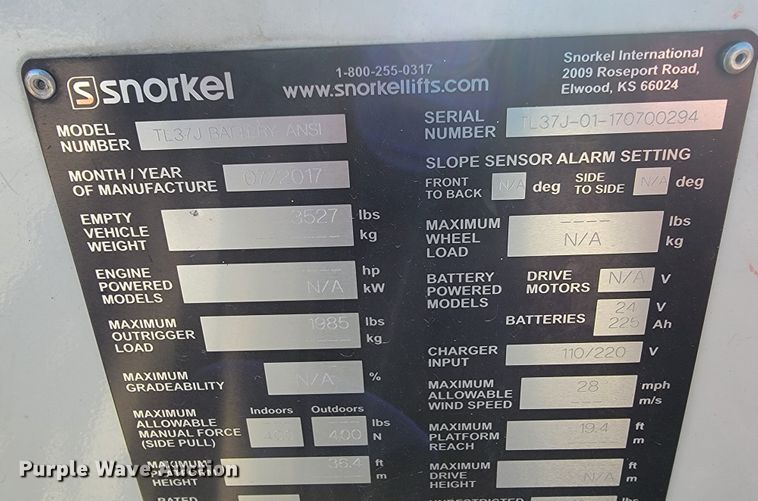 image for item KN9596 2017 Snorkel TL37J  boom lift