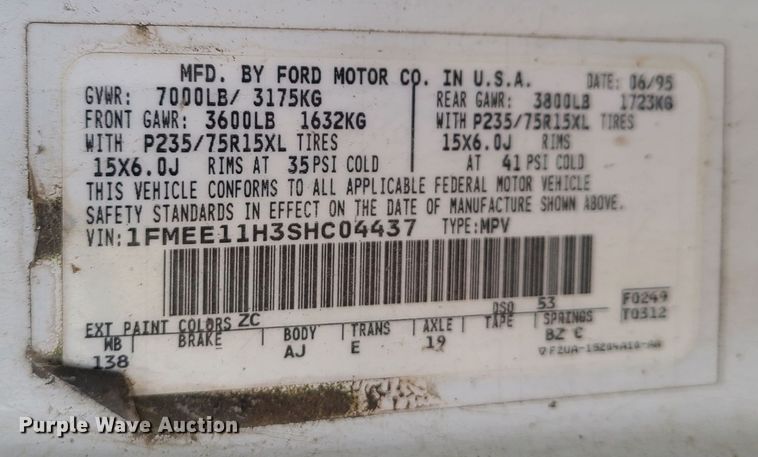 image for item DN2589 1995 Ford Club Wagon  van