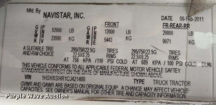 image for item JN9116 2012 International TranStar 8500  semi truck