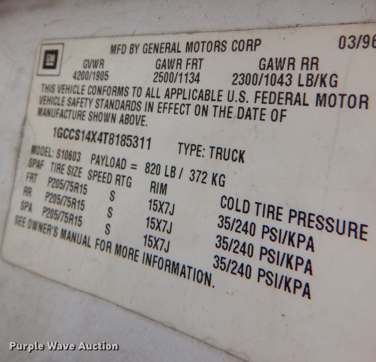 image for item DJ3780 1996 Chevrolet S10  pickup truck