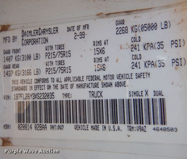 image for item KJ9460 1999 Dodge Dakota  pickup truck