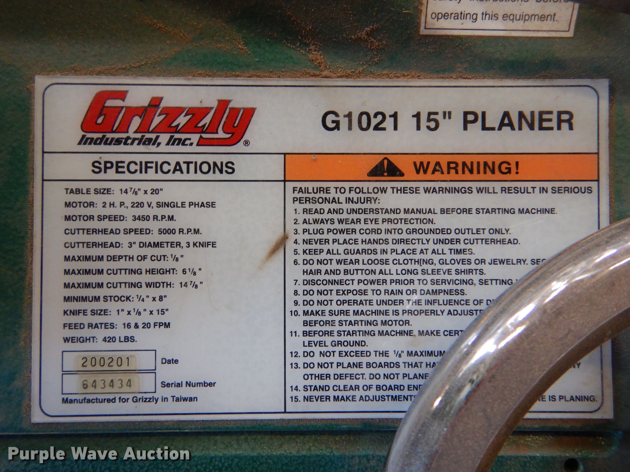 Grizzly G1021 15" planer in Norton, KS Item IV9936 sold Purple Wave