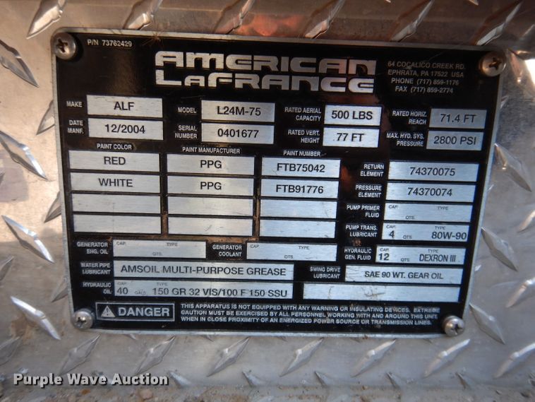 image for item DL5899 2005 American Lafrance L24M-75  aerial platform fire truck